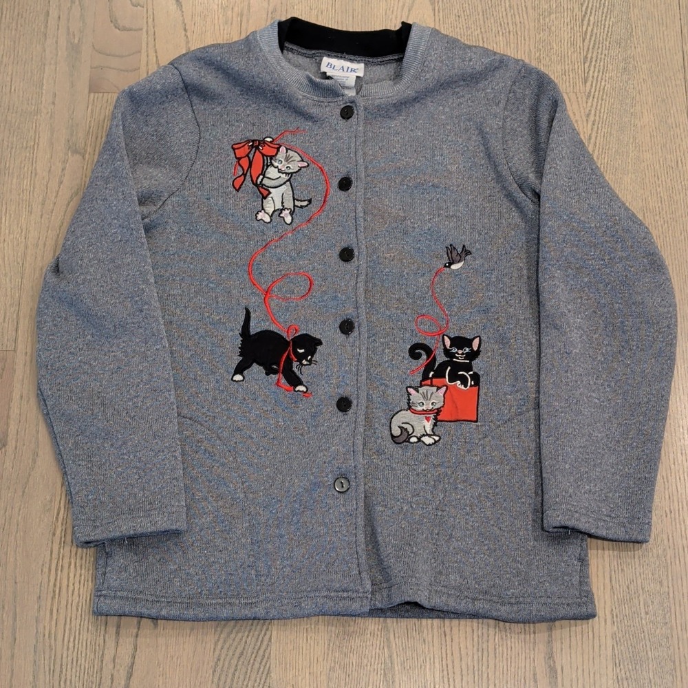Vintage BLAIR Embroidered Cat Kitten Cardigan Sweater Gray Knit Grandmacore M